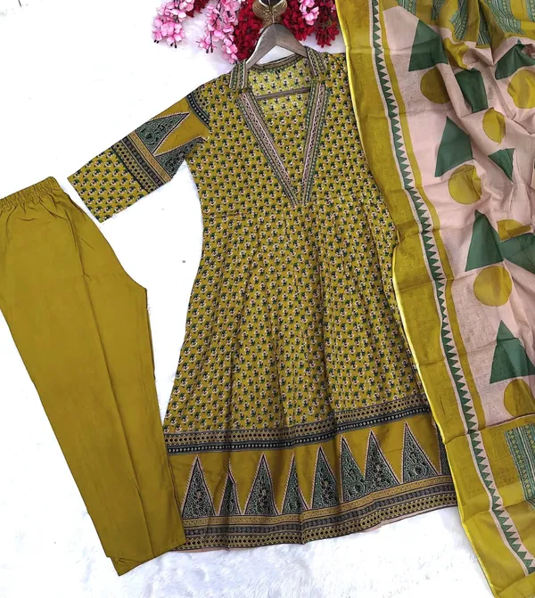 Premium_Sequence_Embroidery_Work_Cotton_Anarkali_Kurti_Set_Yellow_Red