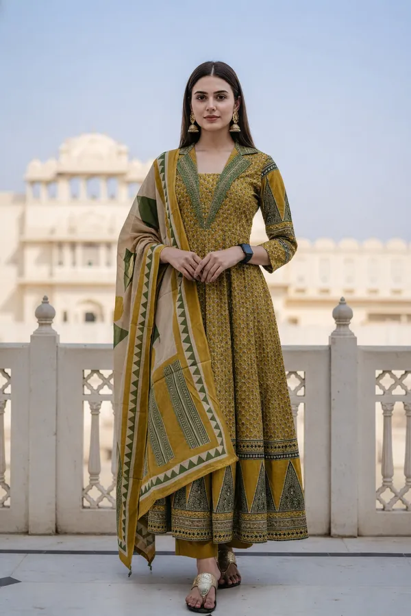 Premium_Sequence_Embroidery_Work_Cotton_Anarkali_Kurti_Set_Yellow_Red