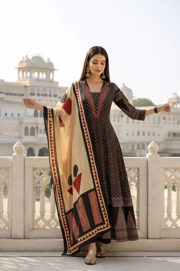 Premium_Sequence_Embroidery_Work_Cotton_Anarkali_Kurti_Set_Black
