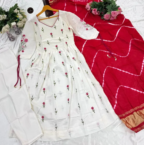 White_Chanderi_Cotton_Pantagon_Neckline_Beautiful_Embroidery_Kurti_Set