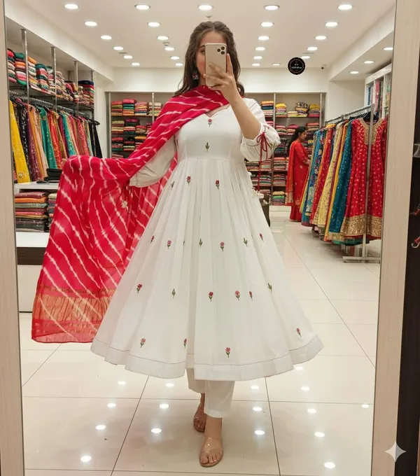 White_Chanderi_Cotton_Pantagon_Neckline_Beautiful_Embroidery_Kurti_Set