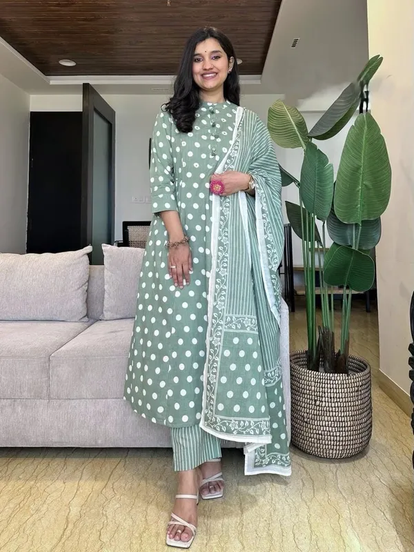 Summer_Season_With_Vibrant_Polka_Dot_Print_Straight_Line_Style_Dupatta_Kurti_Set_Mint_Green