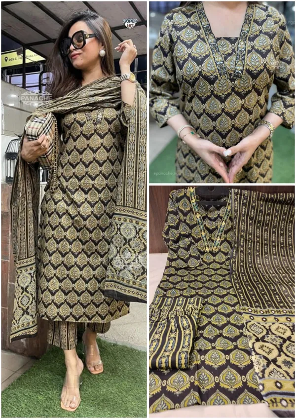 New_Straight_Black_Kurta_Set_With_New_Style_In_Saganeri_Block_Print