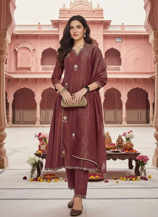Beautiful_Maroon_Pv_Simmer_Embroidery_Work_With_Jacquard_Dupatta_Kurti_Set