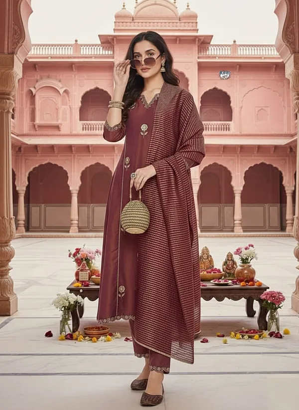 Beautiful_Maroon_Pv_Simmer_Embroidery_Work_With_Jacquard_Dupatta_Kurti_Set