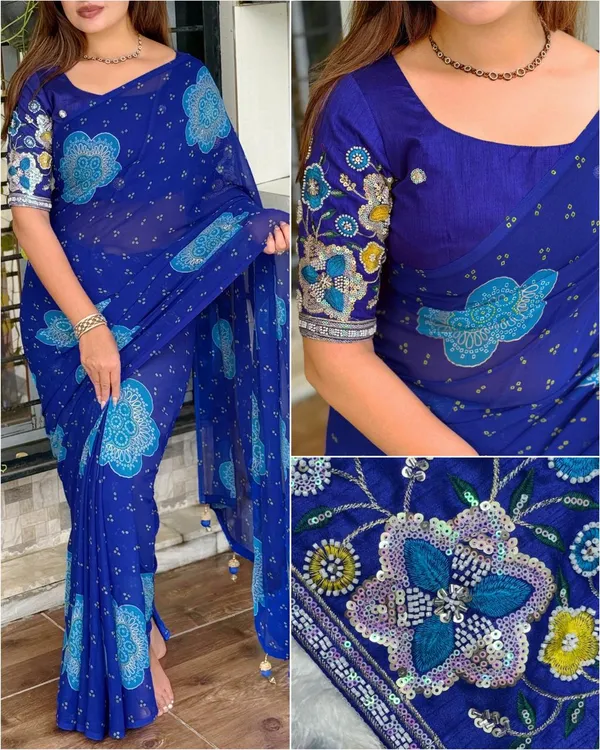 Premium_Georgette_Blossom_Flower_Design_Print_Sequins_Embroidered_Work_In_Blouse_Navy