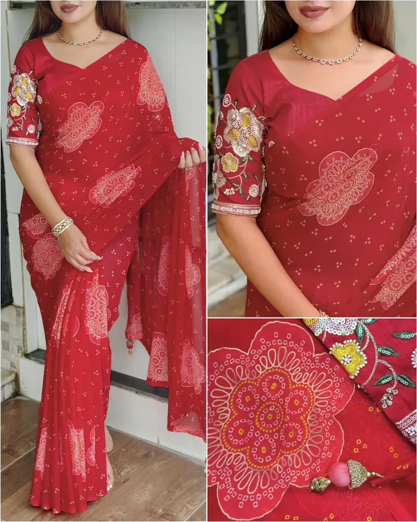Premium_Georgette_Blossom_Flower_Design_Print_Sequins_Embroidered_Work_In_Blouse_Red