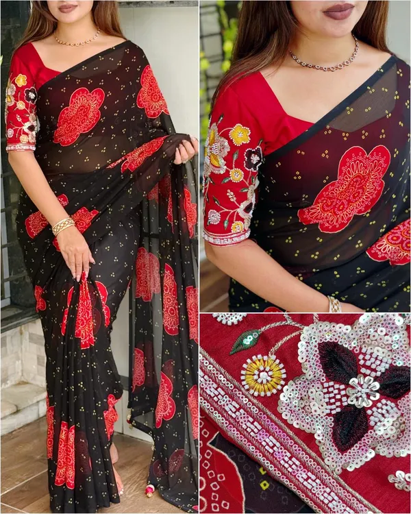 Premium_Georgette_Blossom_Flower_Design_Print_Sequins_Embroidered_Work_In_Blouse_Purple
