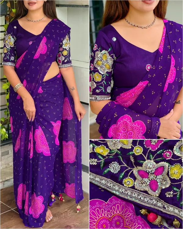 Premium_Georgette_Blossom_Flower_Design_Print_Sequins_Embroidered_Work_In_Blouse_Purple