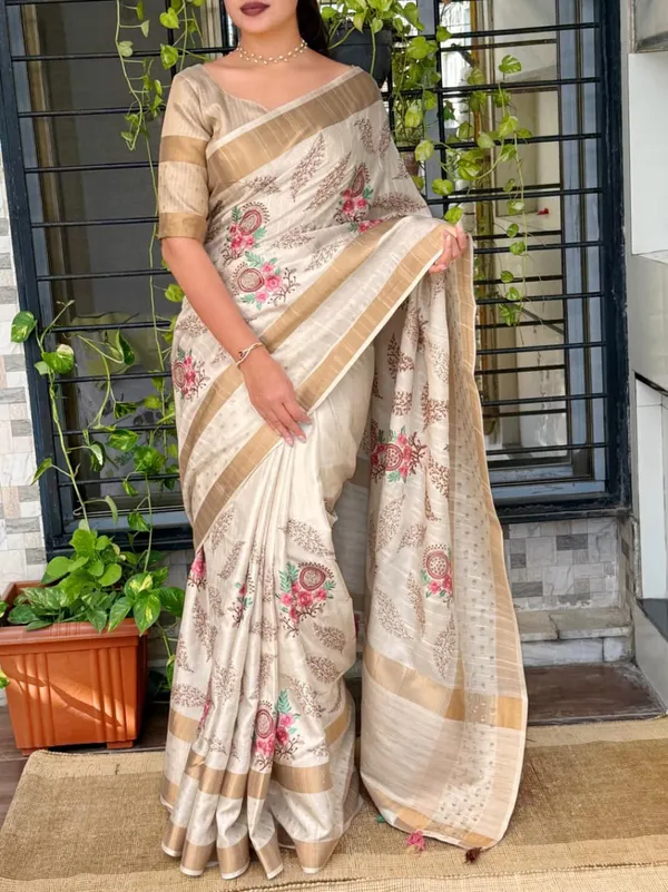 Madhuri_Design_Light_Brown_Pure_Tusser_Cotton_Jacquard_Multi_Thread_Kashmiri_Style_Embroidery_Work