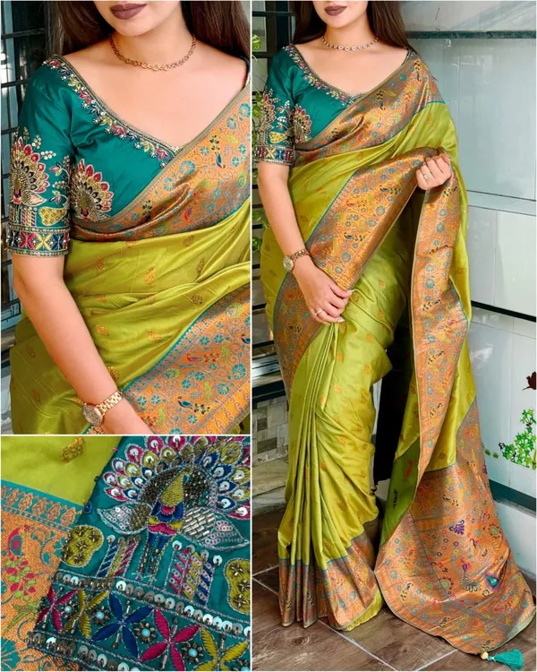 Apsara_Banarasi_Silk_Heavy_Minakari_With_Handwork_Designer_Unstitched_Blouse_Lime_Green