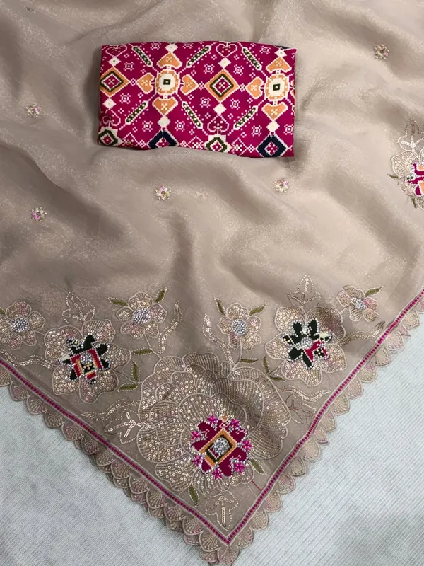 Nc_Pure_Simmer_Silk_Dusty_Beige_Saree_Zari_Sequin_Embroidered_Cutwork_Border_With_Patola_Print_In_Blouse