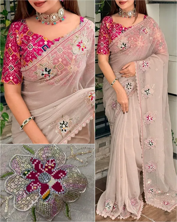 Nc_Pure_Simmer_Silk_Dusty_Beige_Saree_Zari_Sequin_Embroidered_Cutwork_Border_With_Patola_Print_In_Blouse