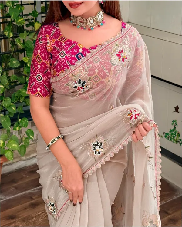 Nc_Pure_Simmer_Silk_Dusty_Beige_Saree_Zari_Sequin_Embroidered_Cutwork_Border_With_Patola_Print_In_Blouse