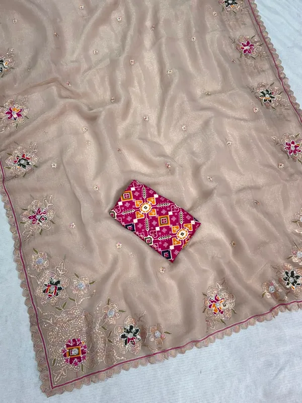 Nc_Pure_Simmer_Silk_Dusty_Beige_Saree_Zari_Sequin_Embroidered_Cutwork_Border_With_Patola_Print_In_Blouse