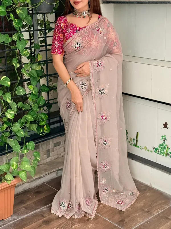 Nc_Pure_Simmer_Silk_Dusty_Beige_Saree_Zari_Sequin_Embroidered_Cutwork_Border_With_Patola_Print_In_Blouse