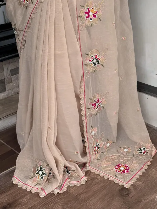 Nc_Pure_Simmer_Silk_Dusty_Beige_Saree_Zari_Sequin_Embroidered_Cutwork_Border_With_Patola_Print_In_Blouse