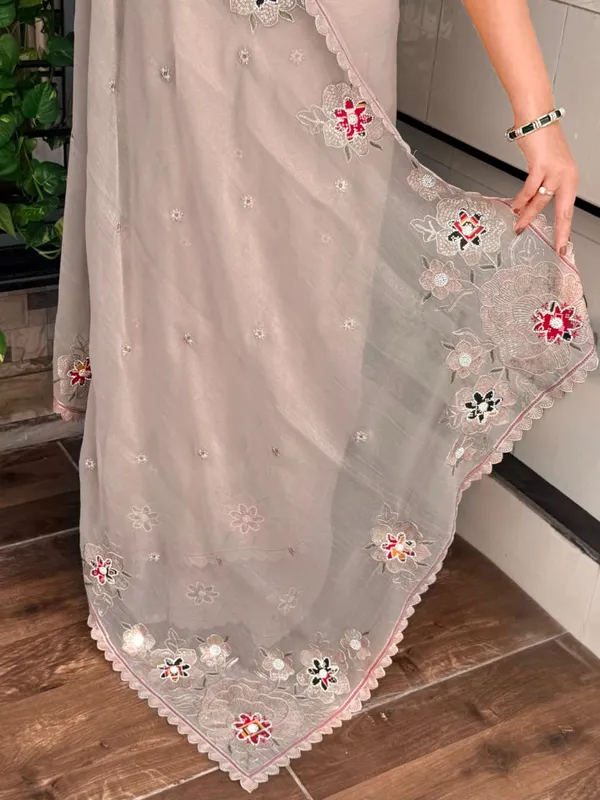 Nc_Pure_Simmer_Silk_Dusty_Beige_Saree_Zari_Sequin_Embroidered_Cutwork_Border_With_Patola_Print_In_Blouse