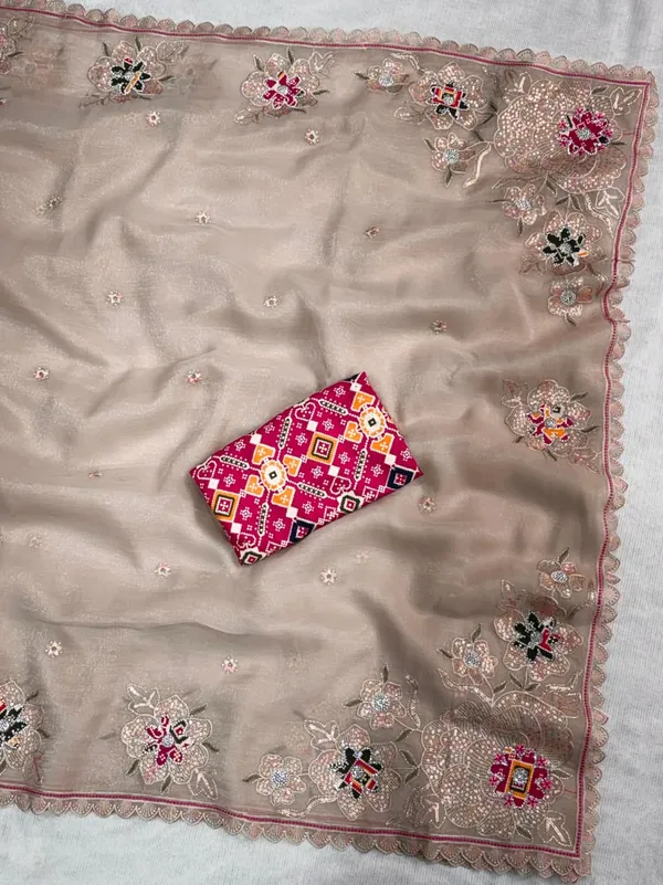 Nc_Pure_Simmer_Silk_Dusty_Beige_Saree_Zari_Sequin_Embroidered_Cutwork_Border_With_Patola_Print_In_Blouse