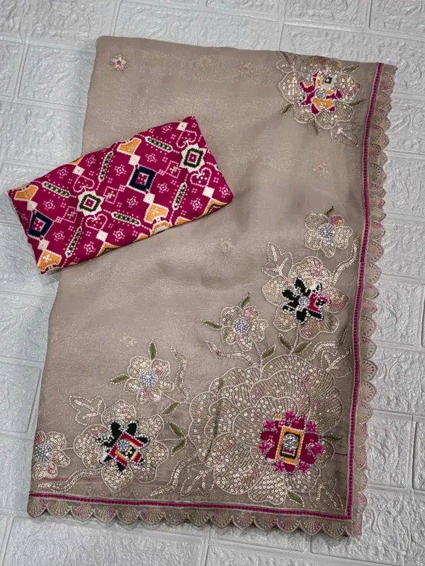 Nc_Pure_Simmer_Silk_Dusty_Beige_Saree_Zari_Sequin_Embroidered_Cutwork_Border_With_Patola_Print_In_Blouse
