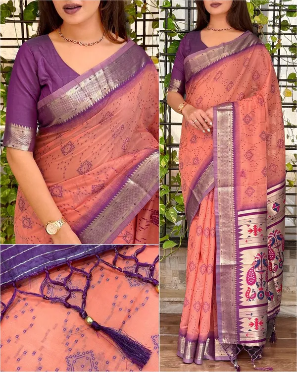 Aarushi_Cotton_Contrast_Thread_Weaving_Bandhej_Jacquard_Rich_Pallu_In_Saree_With_Zari_Weaving_Minakari_Thread_Pattern_Peach
