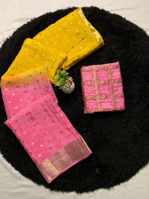 Pure_Chinon_Pink_Yellow_Combination_Saree_With_Dyeing_With_Pure_Chinon_Blouse