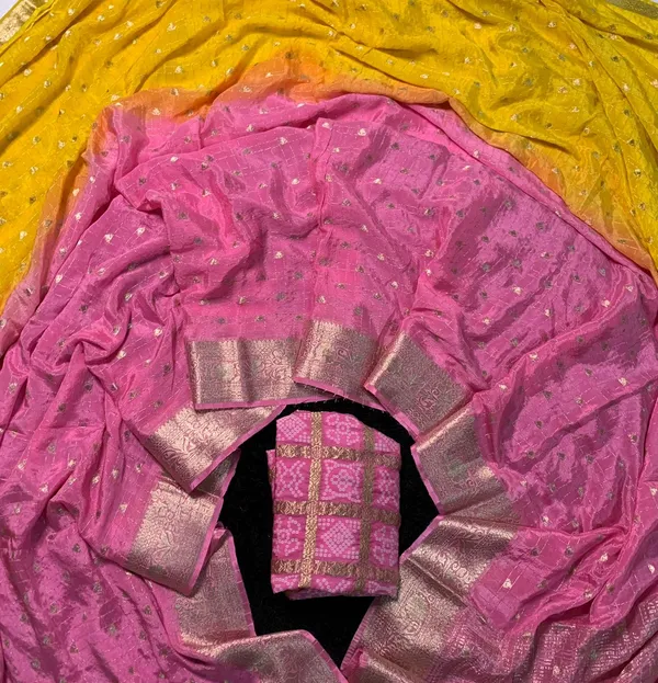 Pure_Chinon_Pink_Yellow_Combination_Saree_With_Dyeing_With_Pure_Chinon_Blouse