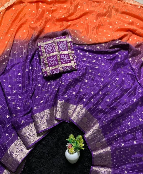 Pure_Chinon_Orange_Purple_Combination_Saree_With_Dyeing_With_Pure_Chinon_Blouse