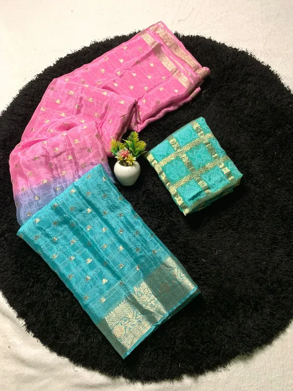 Pure_Chinon_Pink_Sea_Blue_Combination_Saree_With_Dyeing_With_Pure_Chinon_Blouse