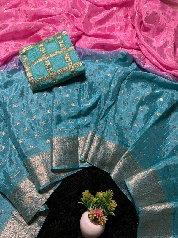 Pure_Chinon_Pink_Sea_Blue_Combination_Saree_With_Dyeing_With_Pure_Chinon_Blouse