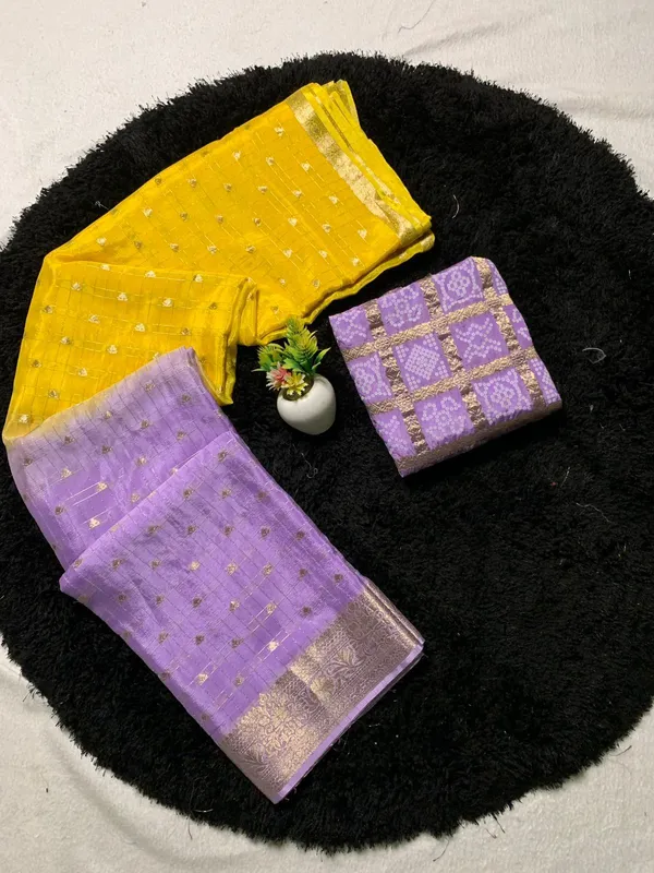 Pure_Chinon_Yellow_Violate_Combination_Saree_With_Dyeing_With_Pure_Chinon_Blouse