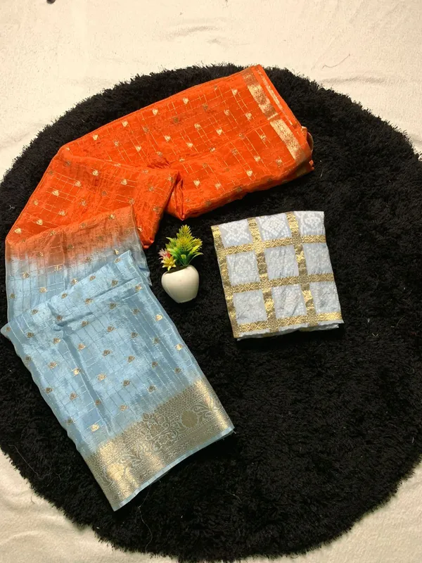 Pure_Chinon_Orange_Sky_Blue_Combination_Saree_With_Dyeing_With_Pure_Chinon_Blouse