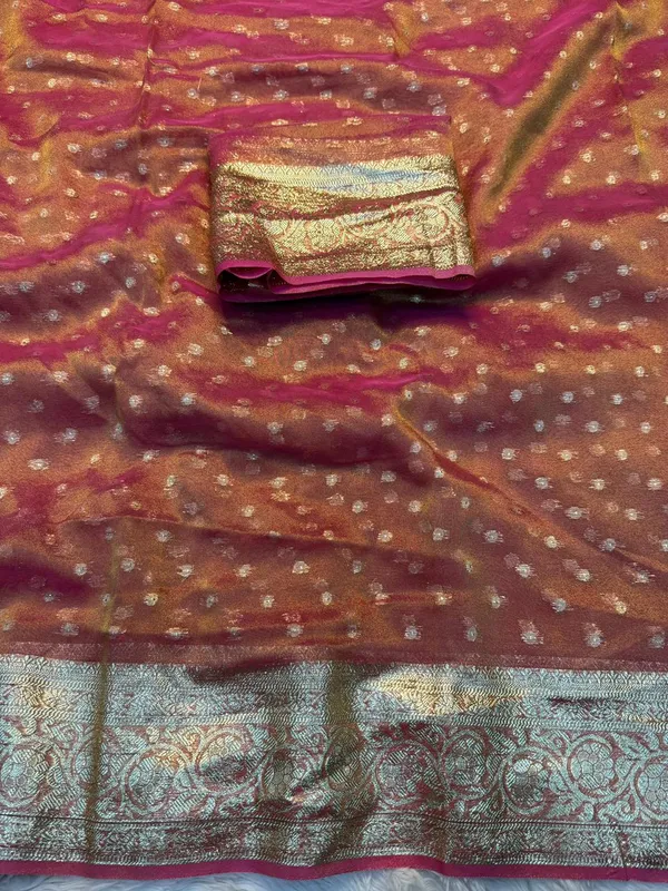Pure_Viscose_Tissue_Silk_With_Trending_Color_Golden_Shinning_All_Over_With_Running_Blouse_Metalic_Pink