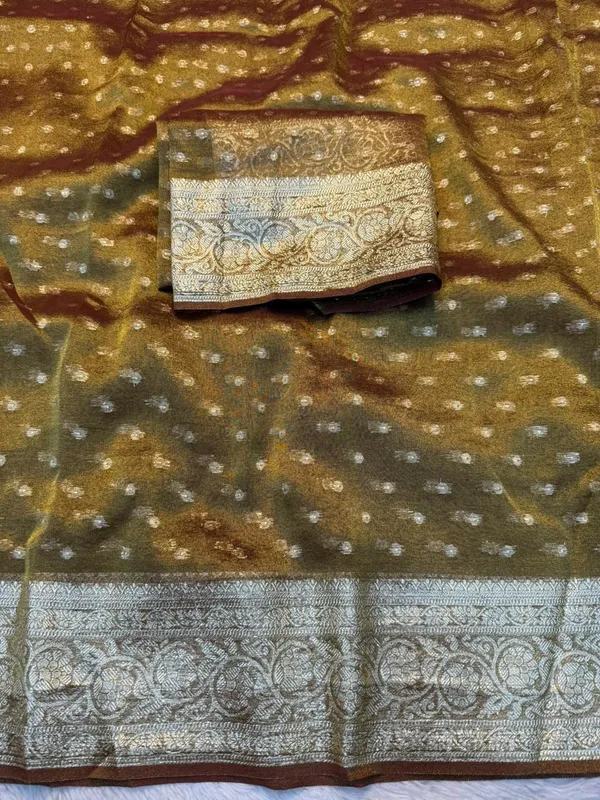 Pure_Viscose_Tissue_Silk_With_Trending_Color_Golden_Shinning_All_Over_With_Running_Blouse_Metalic_Brown