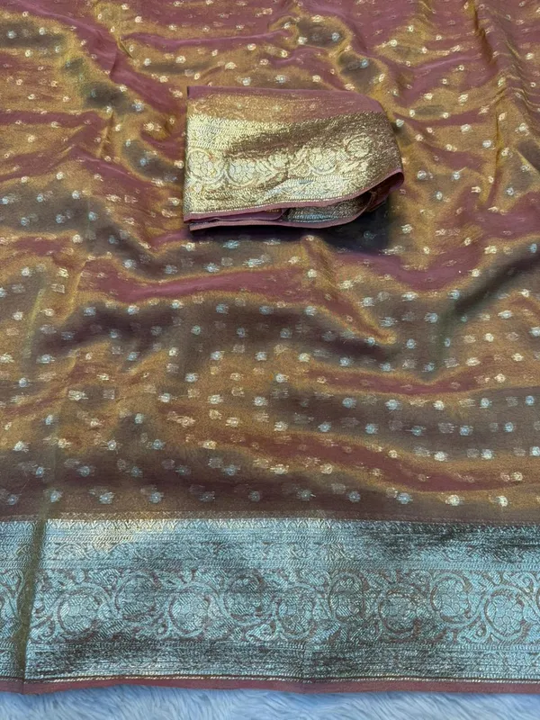 Pure_Viscose_Tissue_Silk_With_Trending_Color_Golden_Shinning_All_Over_With_Running_Blouse_Metalic_Wine