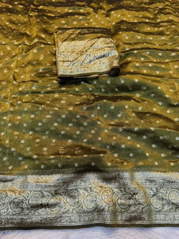Pure_Viscose_Tissue_Silk_With_Trending_Color_Golden_Shinning_All_Over_With_Running_Blouse_Metalic_Mehandi