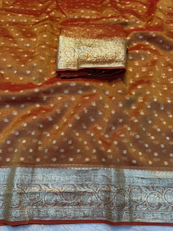 Pure_Viscose_Tissue_Silk_With_Trending_Color_Golden_Shinning_All_Over_With_Running_Blouse_Metalic_Orange