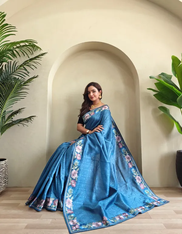 Pure_Tusser_Cotton_Silk_Premium_Contrast_Embroidery_All_Over_The_Border_With_Floral_Pattern_Blue