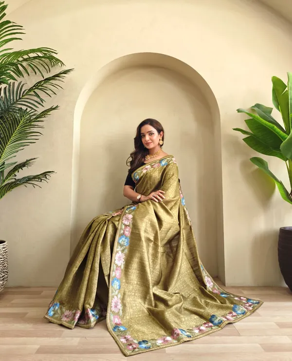 Pure_Tusser_Cotton_Silk_Premium_Contrast_Embroidery_All_Over_The_Border_With_Floral_Pattern_Olive_Gold