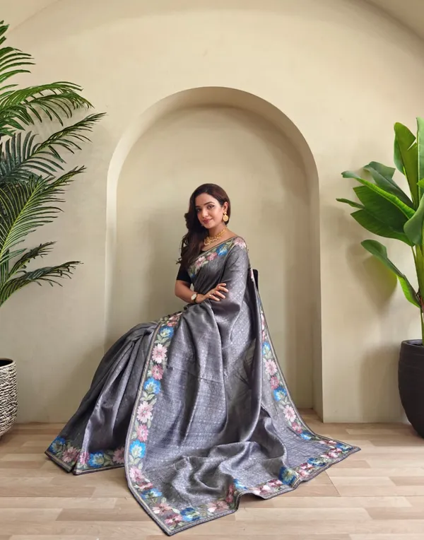 Pure_Tusser_Cotton_Silk_Premium_Contrast_Embroidery_All_Over_The_Border_With_Floral_Pattern_Grey