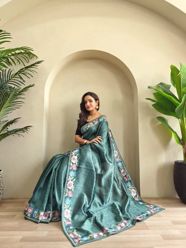 Pure_Tusser_Cotton_Silk_Premium_Contrast_Embroidery_All_Over_The_Border_With_Floral_Pattern_Teal