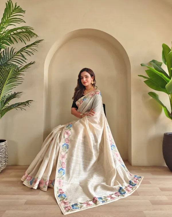 Pure_Tusser_Cotton_Silk_Premium_Contrast_Embroidery_All_Over_The_Border_With_Floral_Pattern_Beige