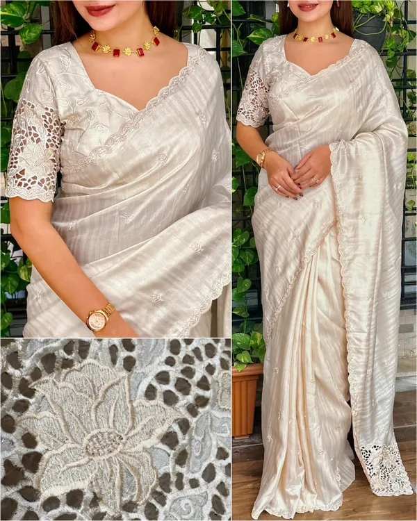 Tusser_Cotton_Thread_Embroidery_Work_In_Saree_With_Latest_Cutwork_White_Red