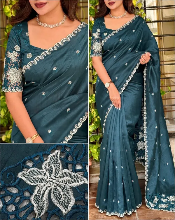 Tusser_Cotton_Thread_Embroidery_Work_In_Saree_With_Latest_Cutwork_Peacock_Blue