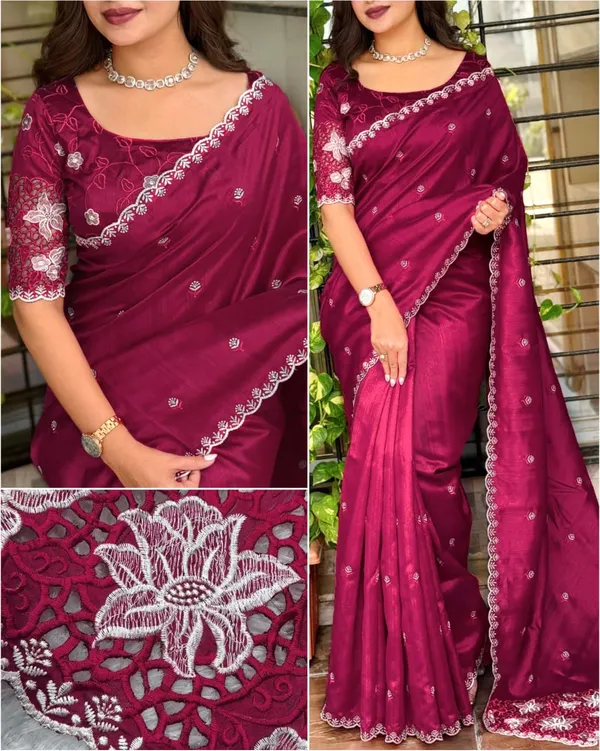 Tusser_Cotton_Thread_Embroidery_Work_In_Saree_With_Latest_Cutwork_Wine