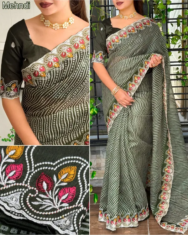 Megha_Cotton_Embroidered_Saree_With_Zari_Border_And_Bandhani_Print_Metalic_Mehandi