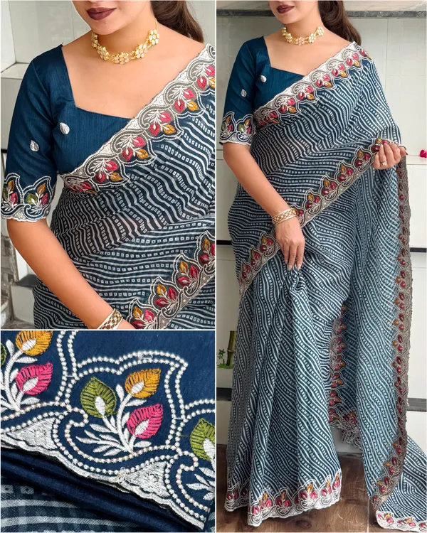 Megha_Cotton_Embroidered_Saree_With_Zari_Border_And_Bandhani_Print_Blue