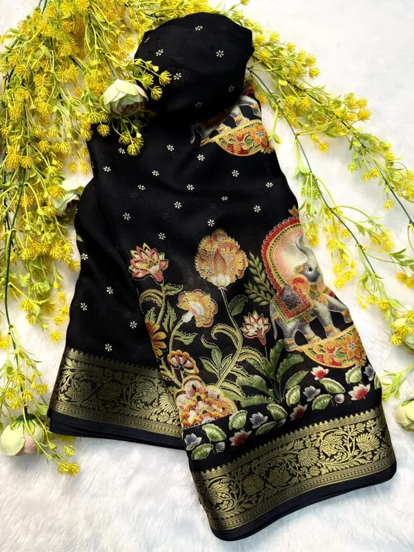 Mysore_Ajarakh_Crepe_Silk_Uniform_Saree_With_Meenakari_Elephant_Motifs_Black