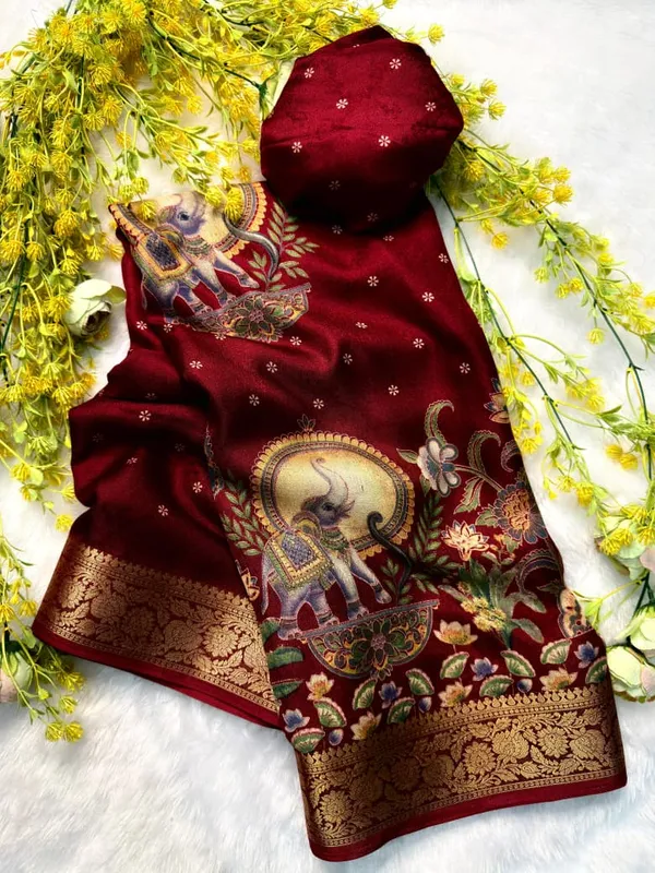 Mysore_Ajarakh_Crepe_Silk_Uniform_Saree_With_Meenakari_Elephant_Motifs_Maroon