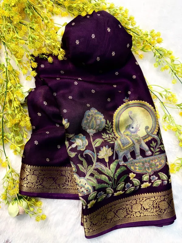 Mysore_Ajarakh_Crepe_Silk_Uniform_Saree_With_Meenakari_Elephant_Motifs_Wine